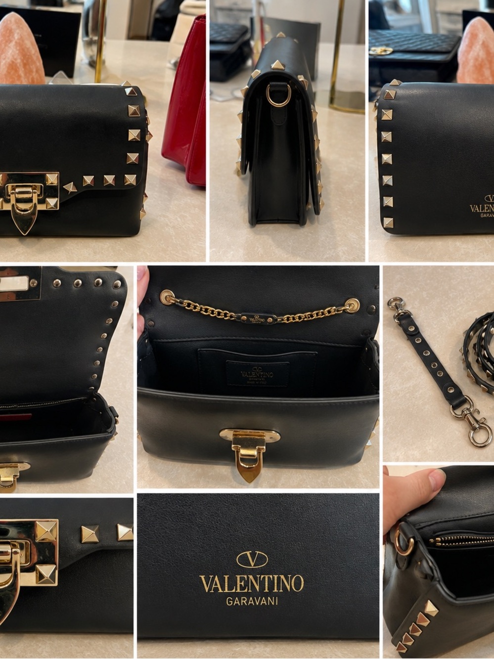 Valentino Garavani Black Leather Studded Shoulder Bag with Gold Hardware